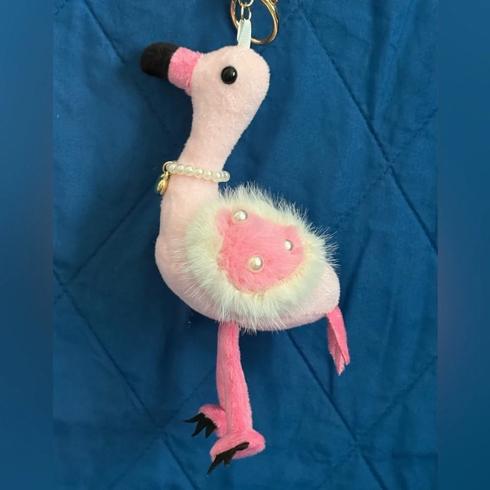 Natasha Couture Fluffy Pink Flamingo Faux Pearl Necklace Handbag Charm Key Chain